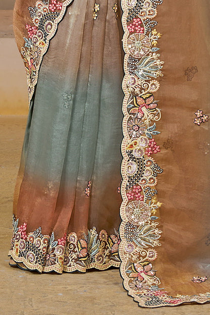 Shaded Grey Organza Satin Handwork Designer Bridal Saree 