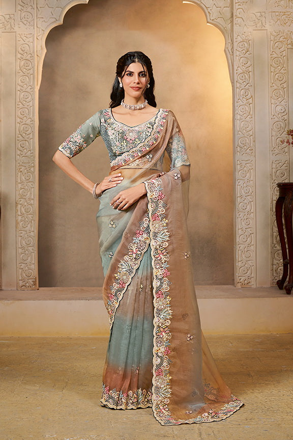 Shaded Grey Organza Satin Handwork Designer Bridal Saree