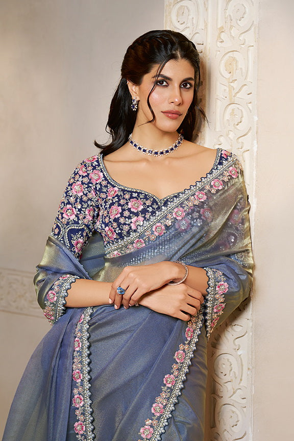 Grey Pure Soft Organza Satin Handwork Designer Bridal Saree