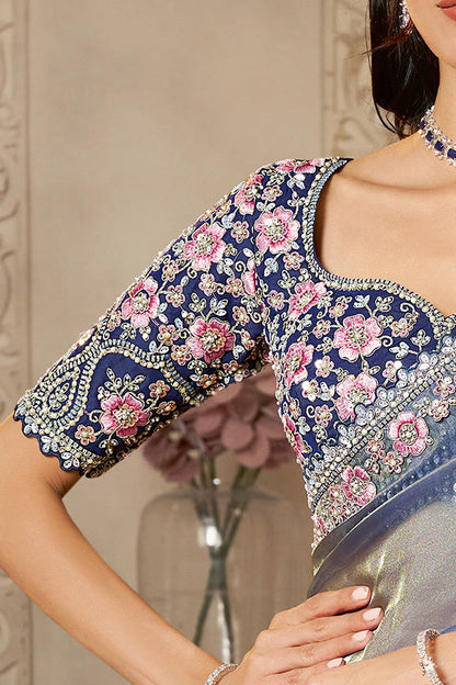 Grey Pure Soft Organza Satin Handwork Designer Bridal Saree 