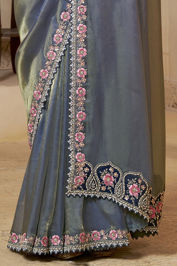 Grey Pure Soft Organza Satin Handwork Designer Bridal Saree 