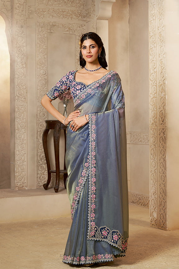 Grey Pure Soft Organza Satin Handwork Designer Bridal Saree 