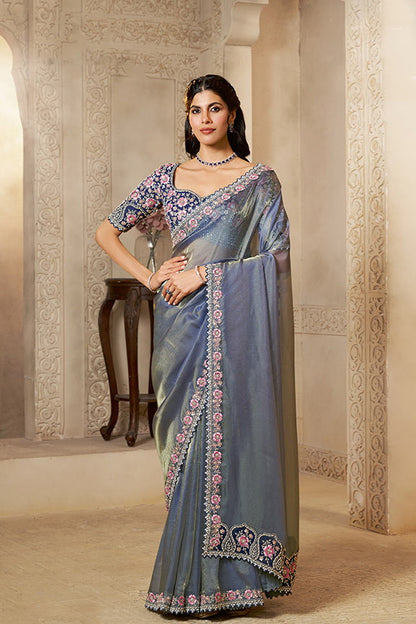 Grey Pure Soft Organza Satin Handwork Designer Bridal Saree 