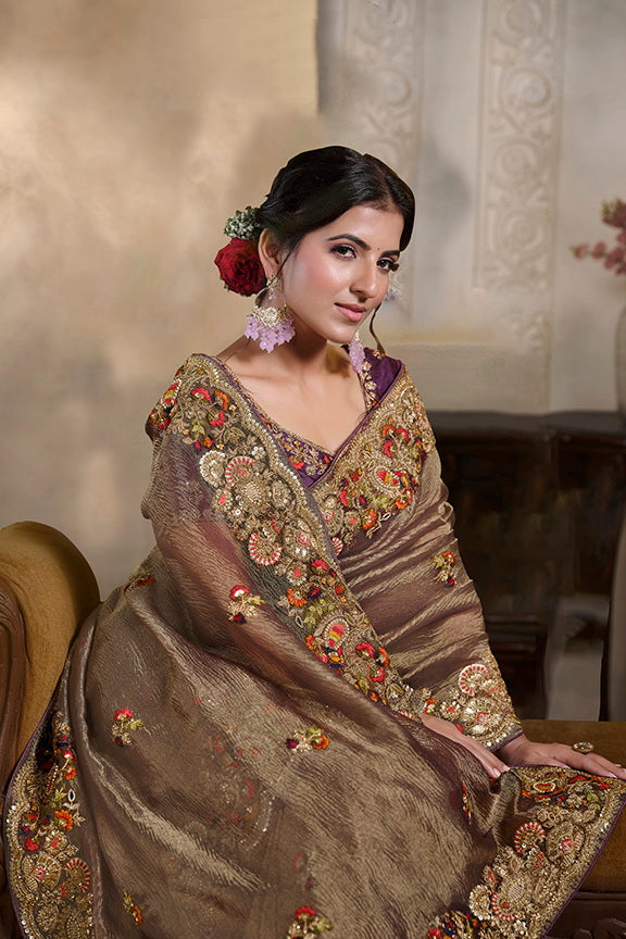 Wine Pure Banarasi Crush Pure Khatli Work Bridal Saree 