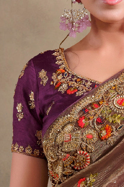 Wine Pure Banarasi Crush Pure Khatli Work Bridal Saree 