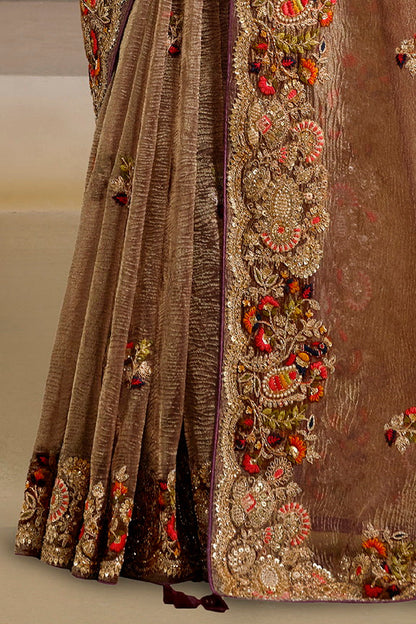 Wine Pure Banarasi Crush Pure Khatli Work Bridal Saree 