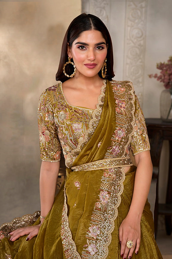 Mehndi Crush Paper Silk Handwork Pearl Bridal Saree 