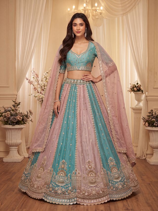 Multi Pure Soft Satin Silk Heavy Beads Motif Zari Embroidery Sequins Work Bridal Lehenga Choli