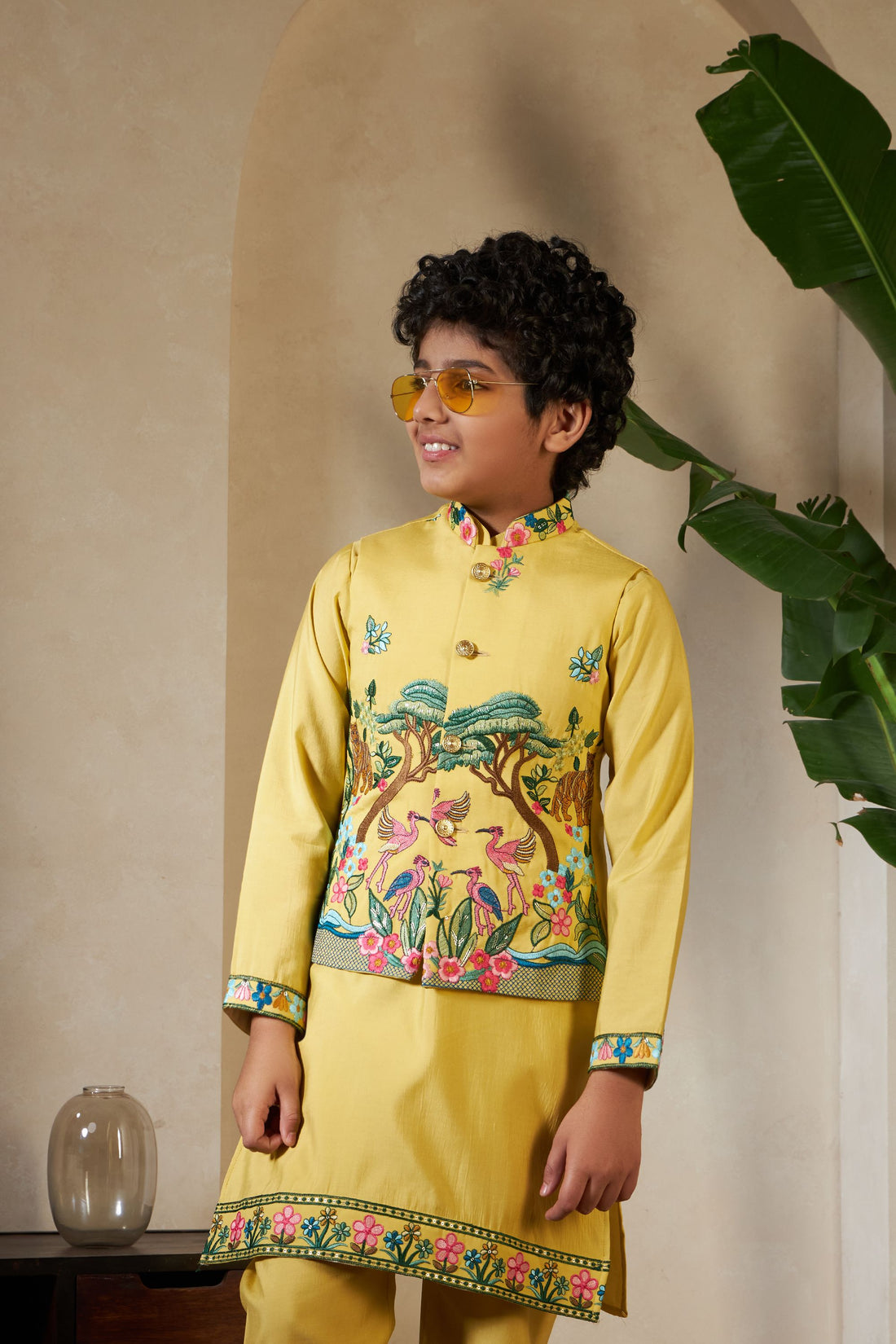 Yellow Pure Viscose Silk Silk Kids Boy Kurta Pajama With Koti Jacket 