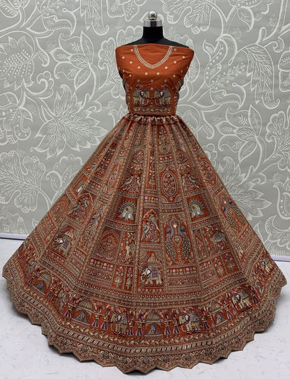 Orange Pure Soft Gadwal Silk Heavy Embroidery Work Bridal Lehenga 