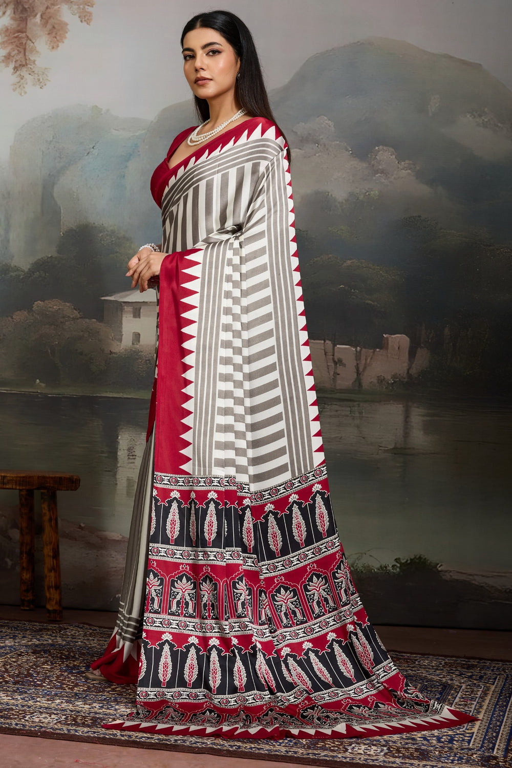 White and Red Pure Ajrakh Printed Satin Crepe Silk Saree ##color## Floral Printed Saree with premium fabric and embroidery