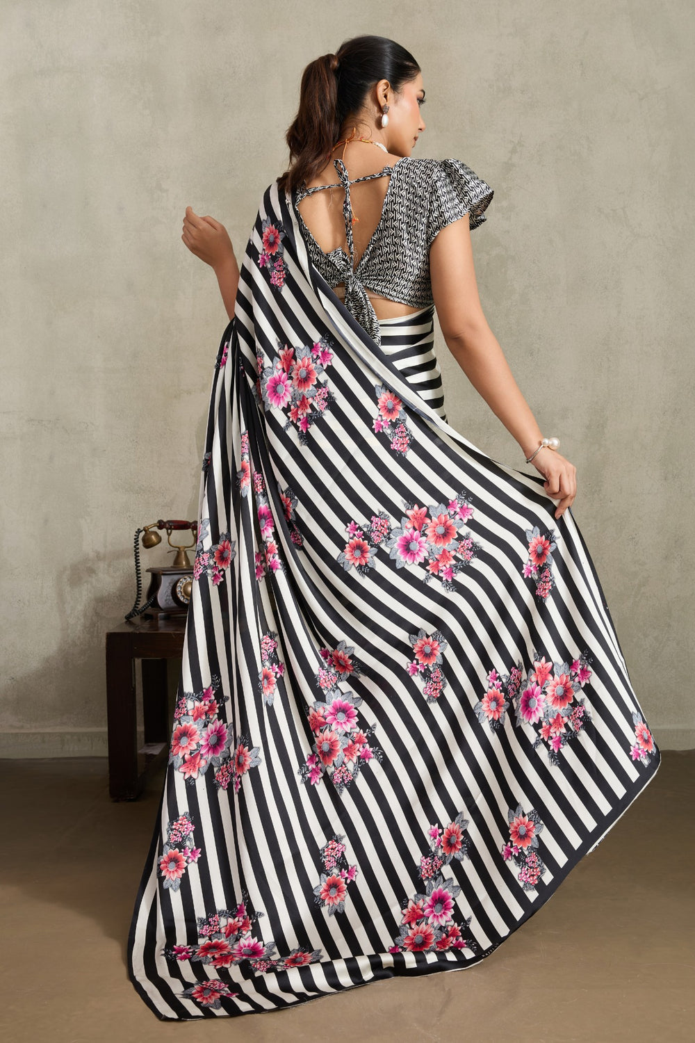 Black Pure Soft Modal Satin Ajrakh Print Satin Saree Japan Satin Saree Anant Tex Exports Pvt.Ltd..