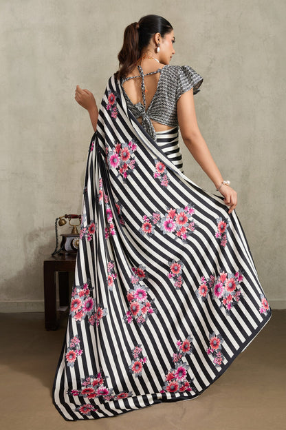 Black Pure Soft Modal Satin Ajrakh Print Satin Saree Japan Satin Saree Anant Tex Exports Pvt.Ltd..