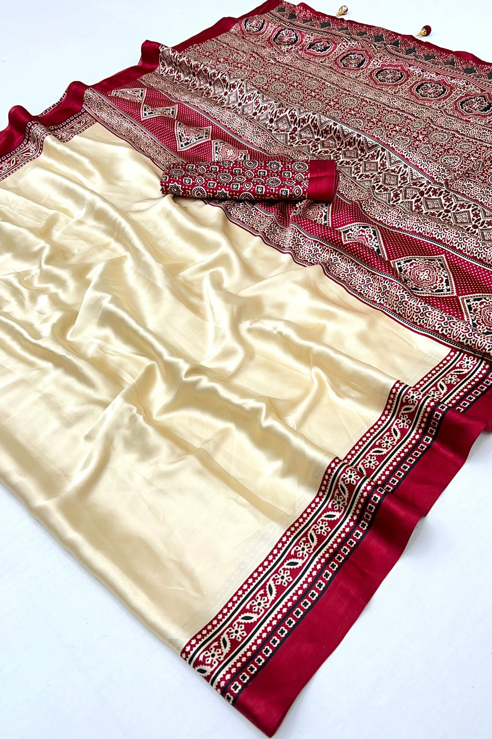Cream and Red Pure Soft Modal Satin Ajrakh Print Satin Saree Japan Satin Saree Anant Tex Exports Pvt.Ltd..