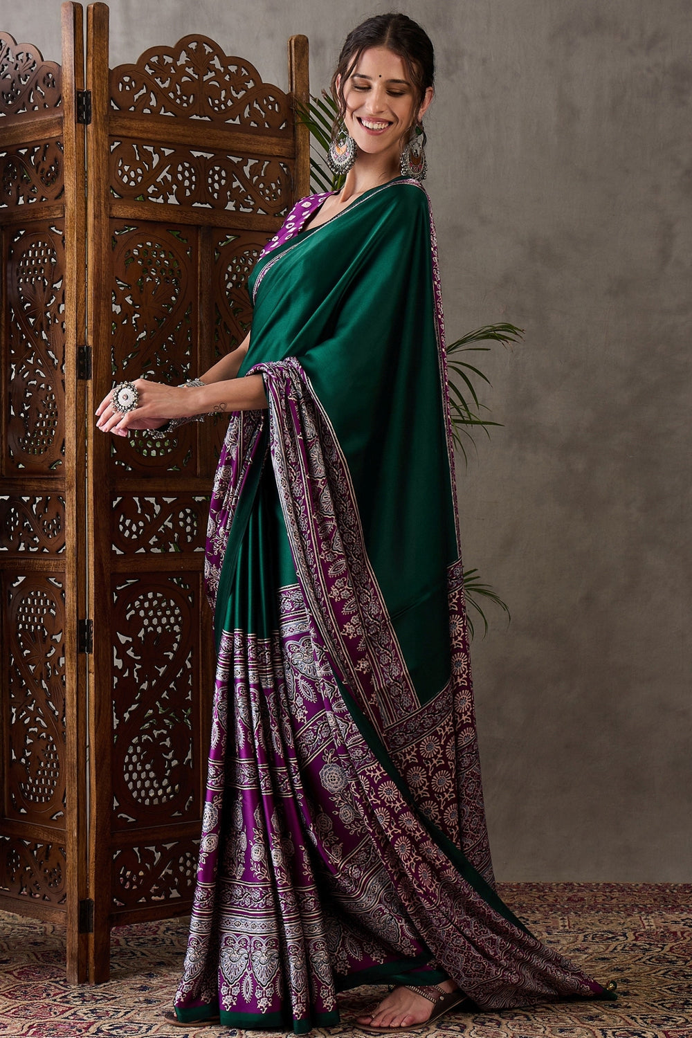 Bottle Green Pure Soft Modal Satin Ajrakh Print Satin Saree
