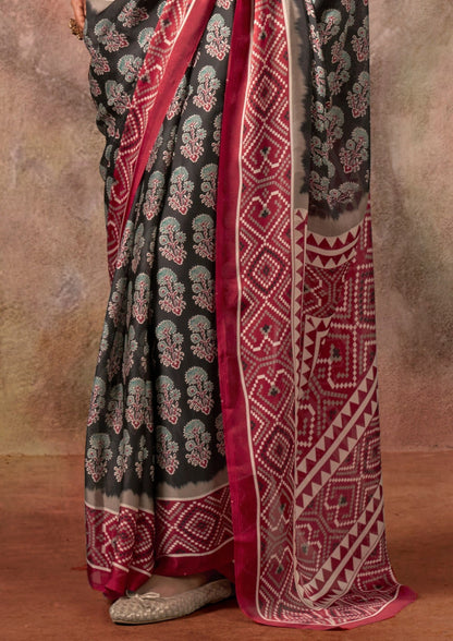 Maroon Raisins Ajrakh Printed Satin Georgette Silk Saree 