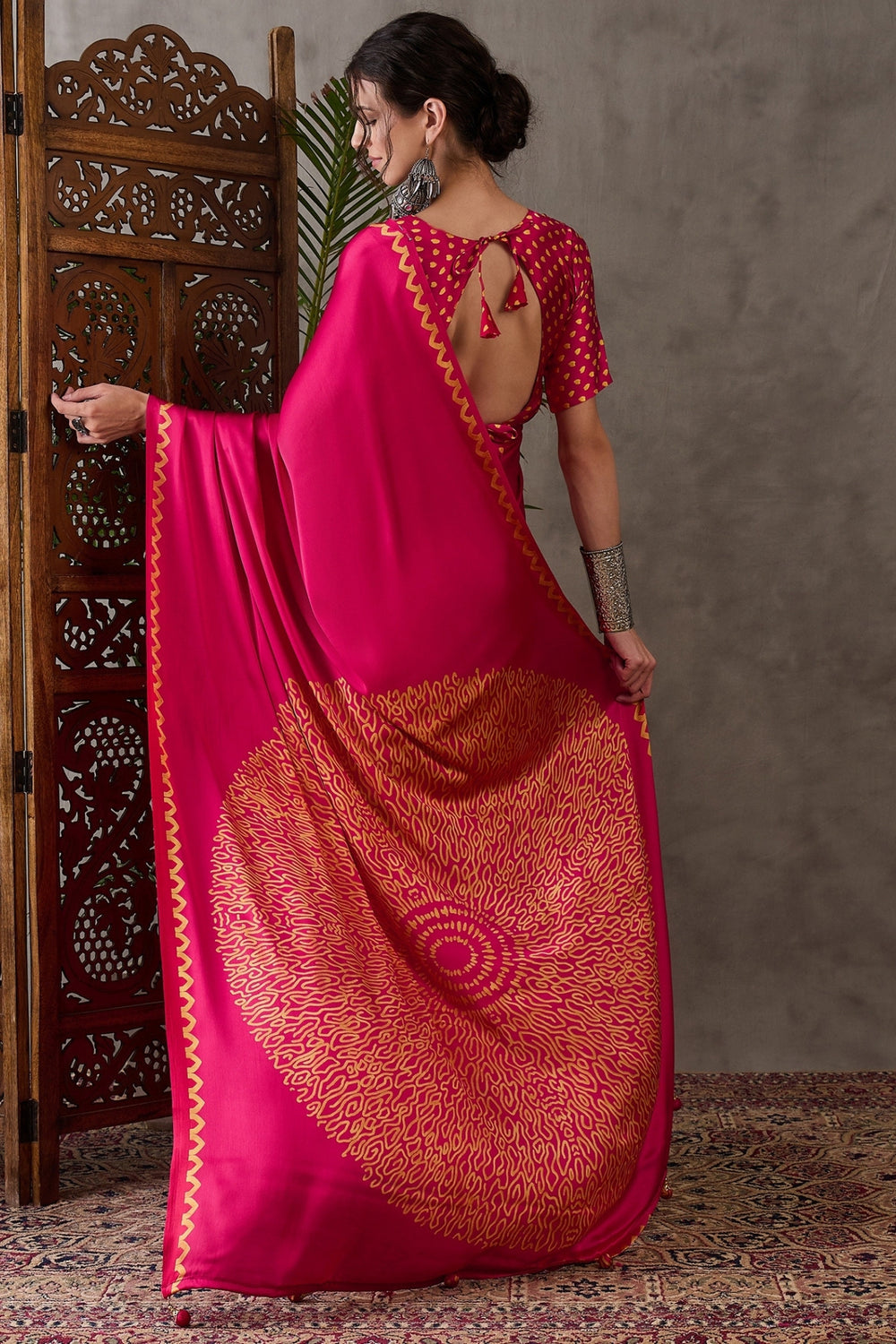 Magenta Pure Gaji Silk Satin Printed Saree ##color## Japan Satin Saree with premium fabric and embroidery