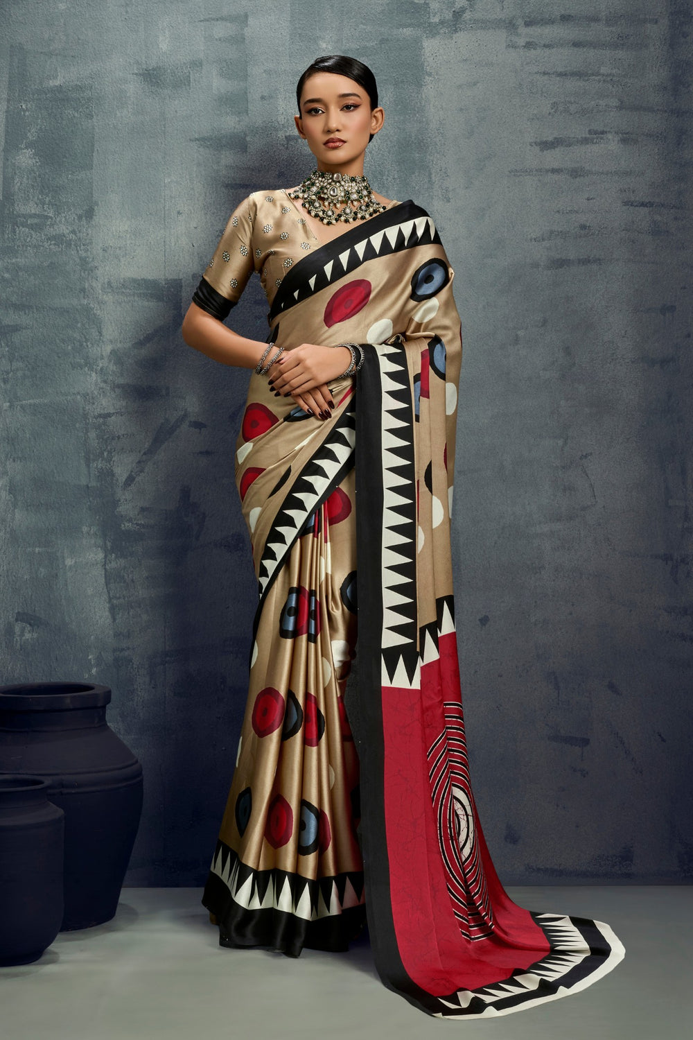 Brown Ajrakh Printed Satin Crepe Silk Saree 