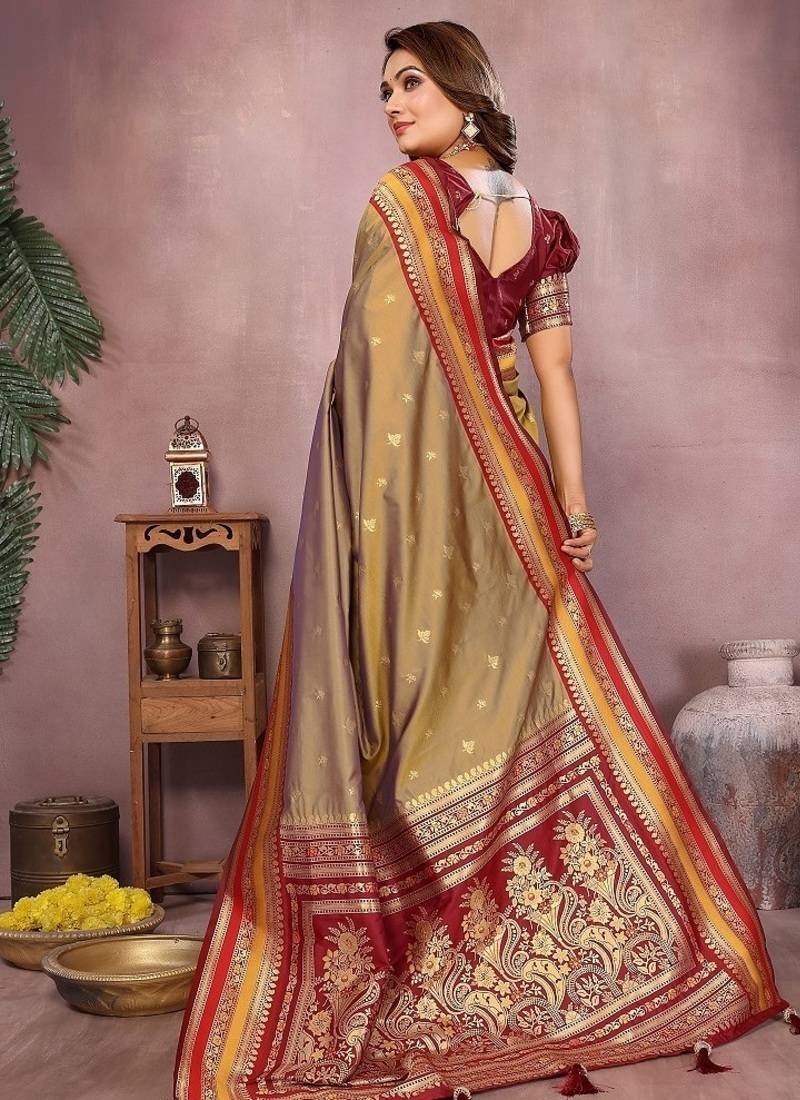 Mustard Pure Handloom Kalamkari Silk Saree