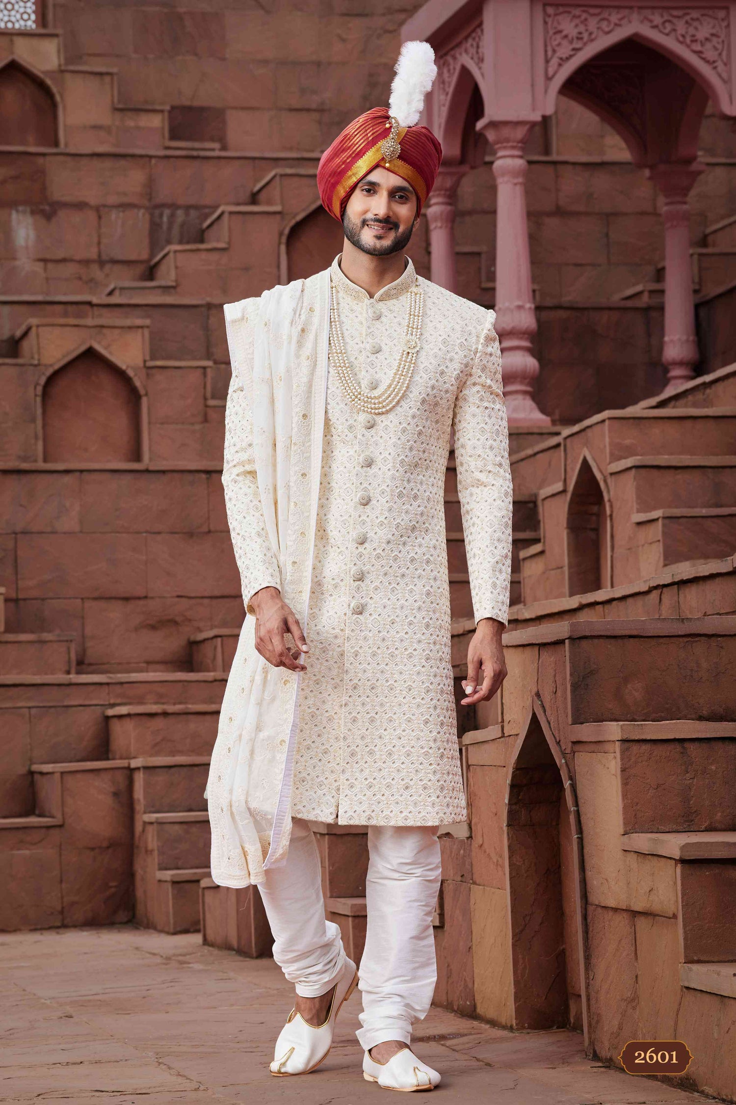 Cream Designer Wedding Sherwani for Men with Hand Embroidery