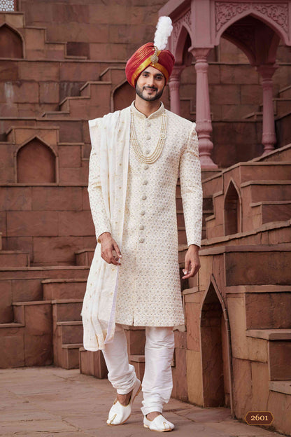 Cream Designer Wedding Sherwani for Men with Hand Embroidery