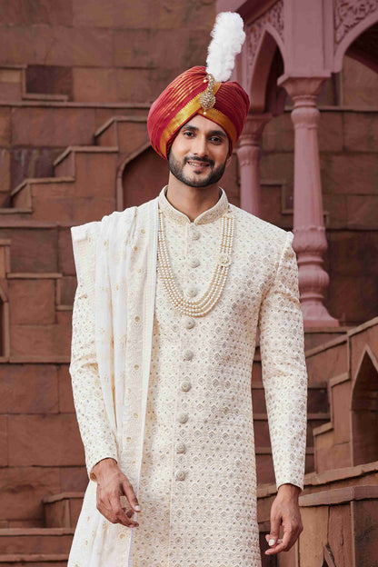 Cream Designer Wedding Sherwani for Men with Hand Embroidery