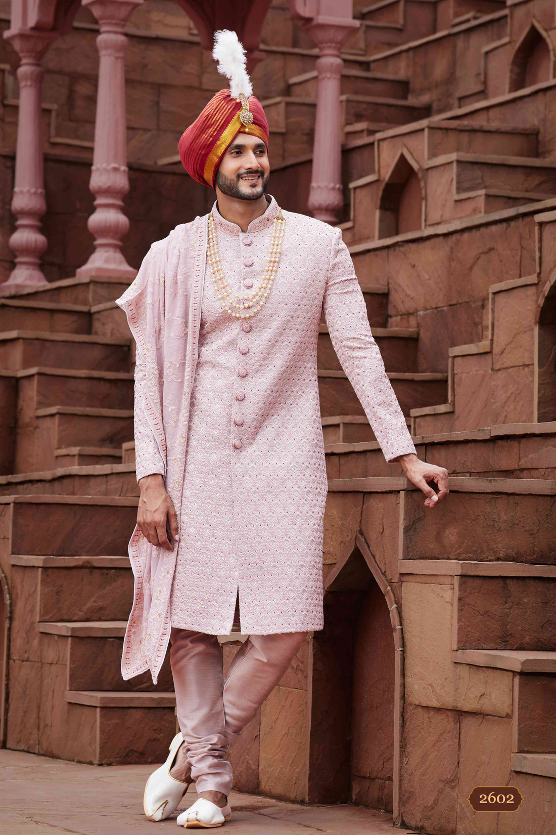 Onion Pink Designer Sherwani for Groom with Embroidered Work
