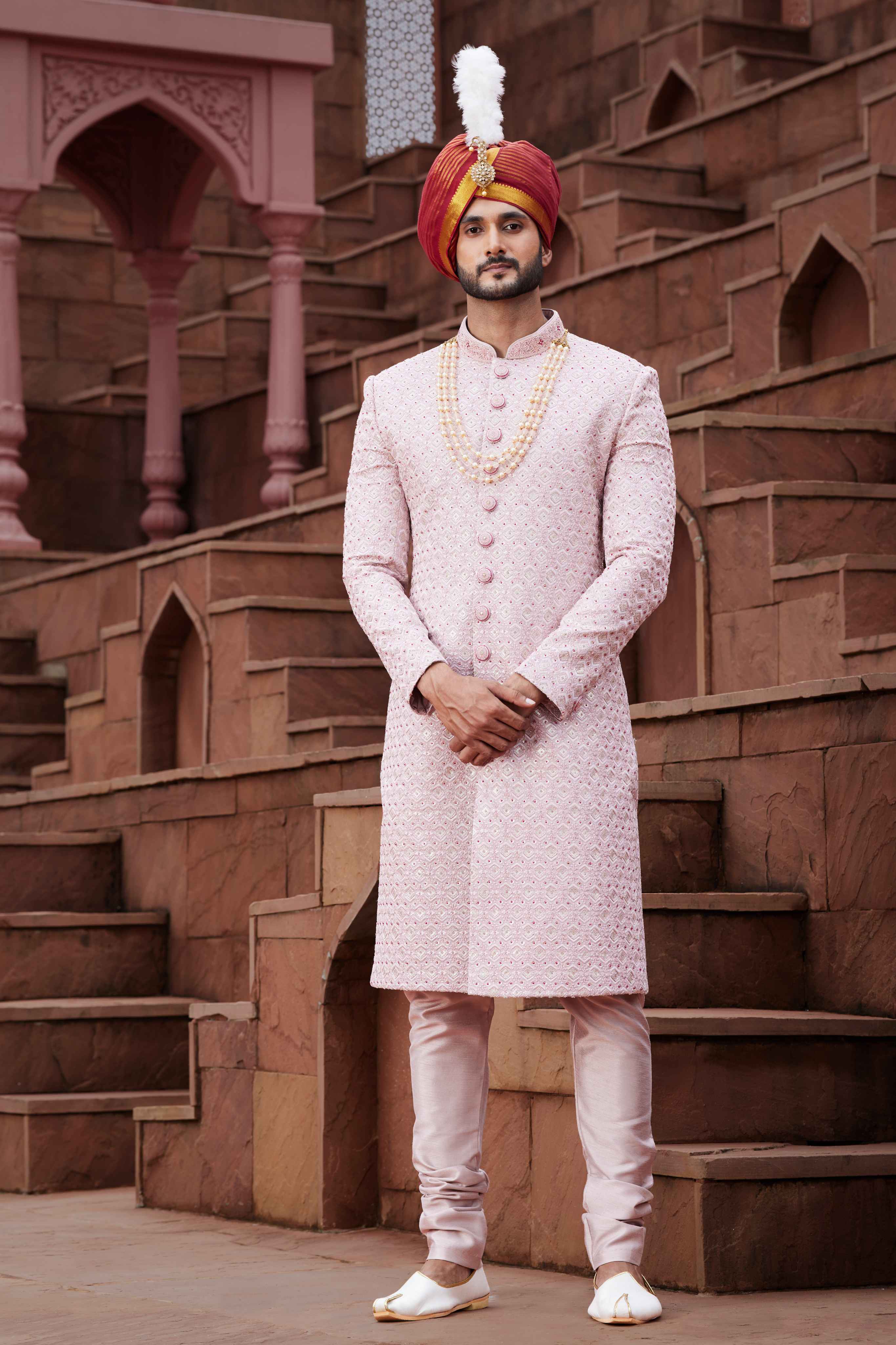 Onion Pink Designer Sherwani for Groom with Embroidered Work