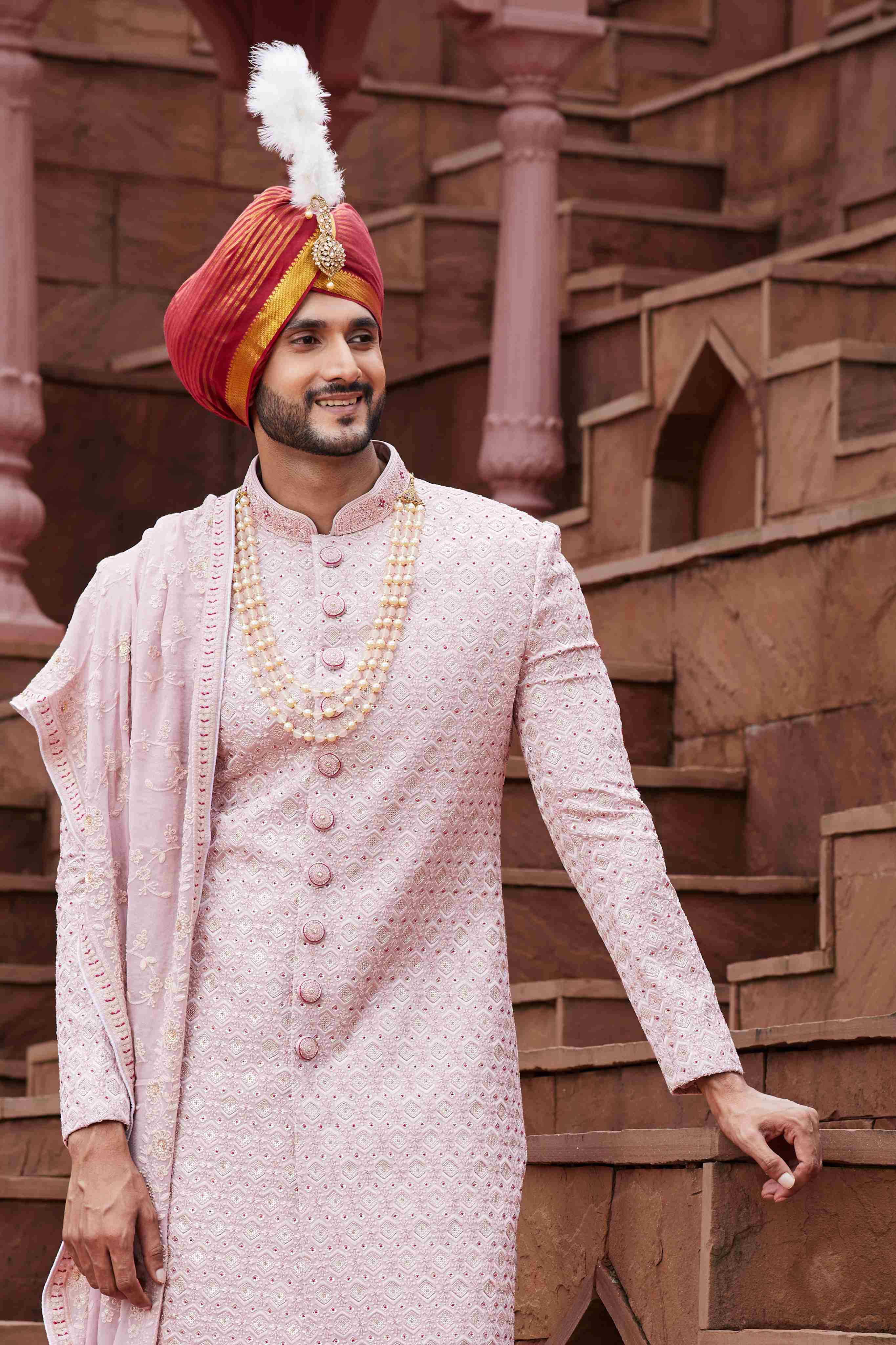 Onion Pink Designer Sherwani for Groom with Embroidered Work