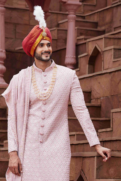 Onion Pink Designer Sherwani for Groom with Embroidered Work