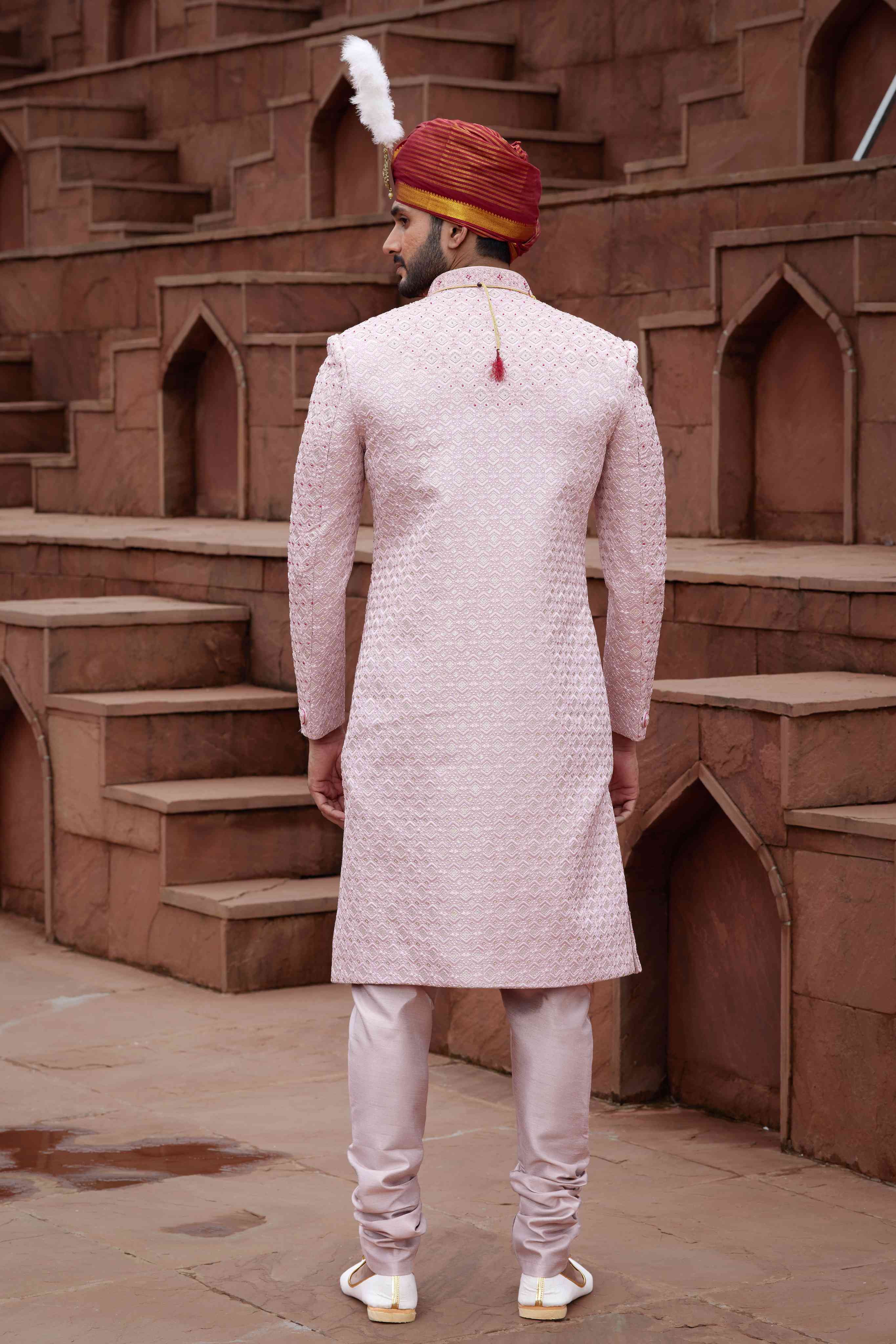Onion Pink Designer Sherwani for Groom with Embroidered Work