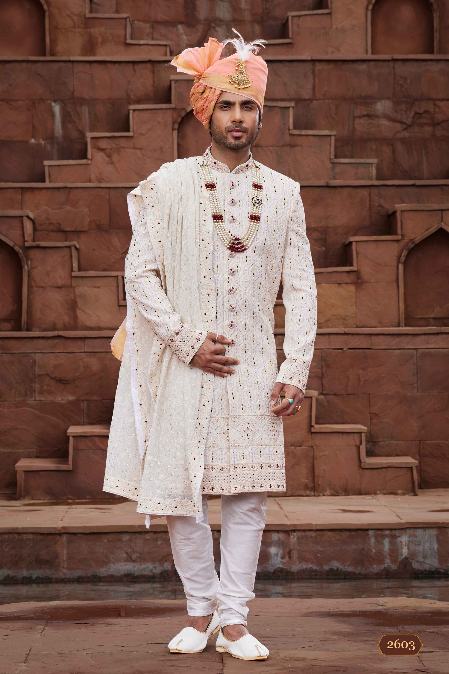 Cream Designer Sherwani with Maroon Touch-Up for Groom