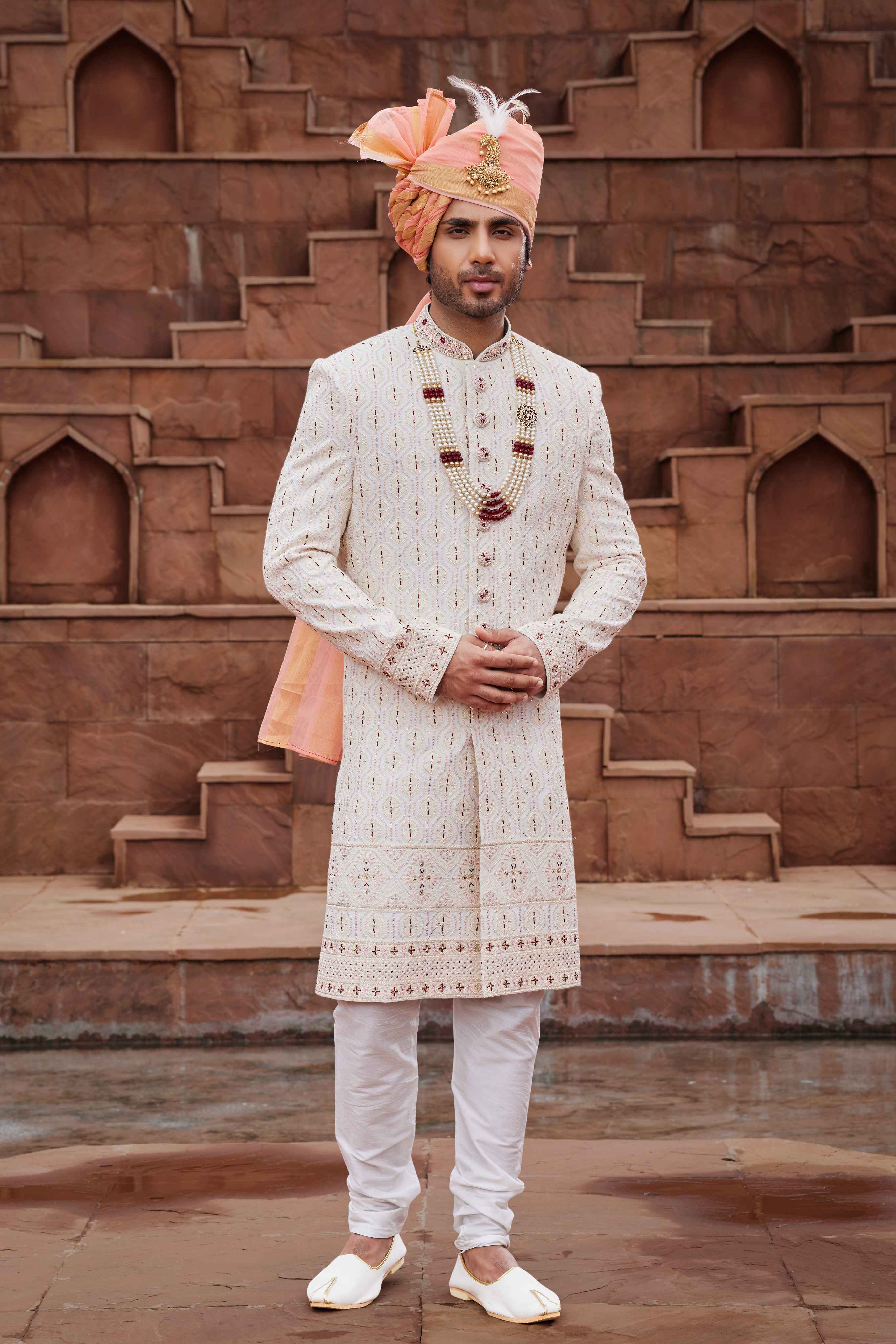 Cream Designer Sherwani with Maroon Touch-Up for Groom