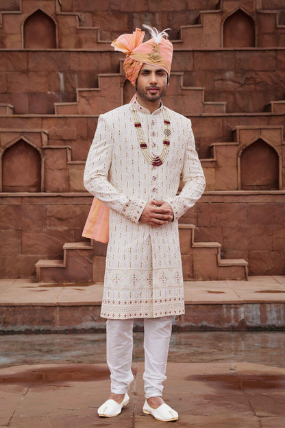 Cream Designer Sherwani with Maroon Touch-Up for Groom