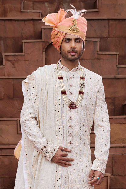 Cream Designer Sherwani with Maroon Touch-Up for Groom