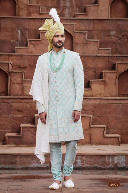 Pista Green Designer Sherwani for Groom with Embroidery