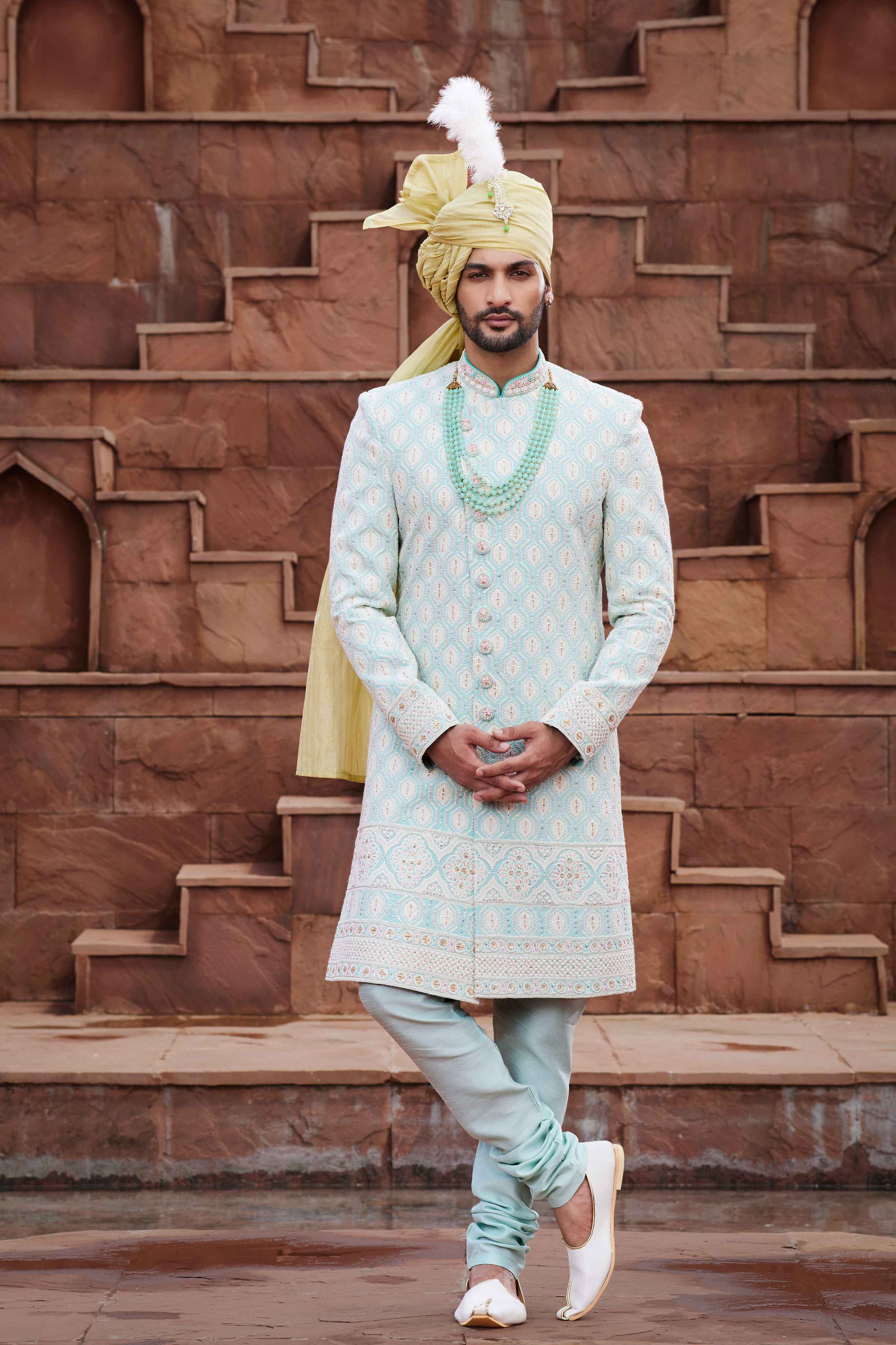 Pista Green Designer Sherwani for Groom with Embroidery