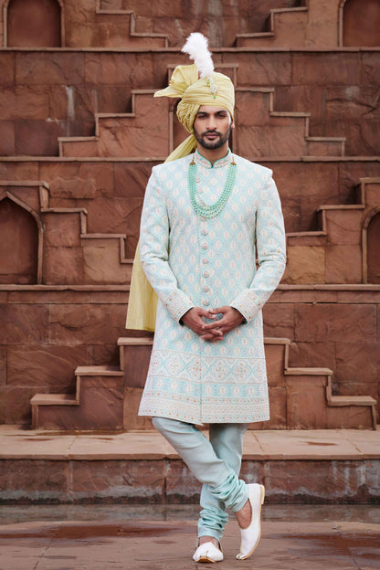 Pista Green Designer Sherwani for Groom with Embroidery
