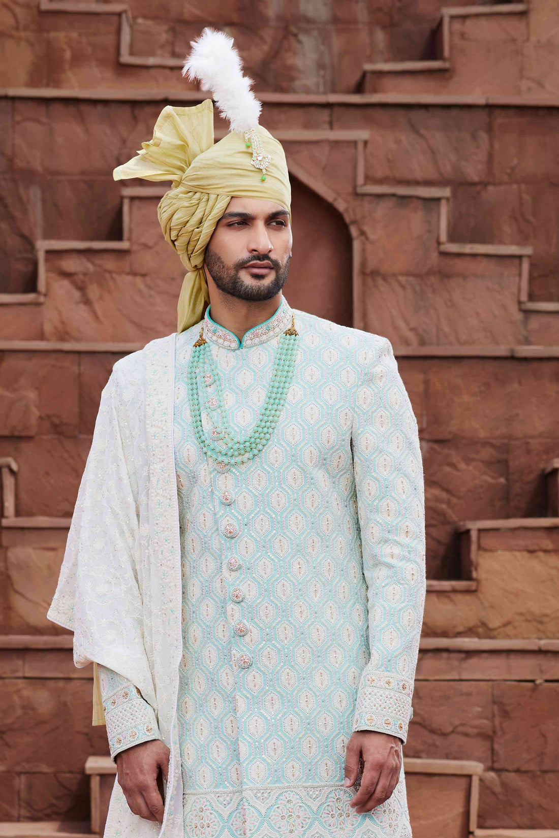 Pista Green Designer Sherwani for Groom with Embroidery