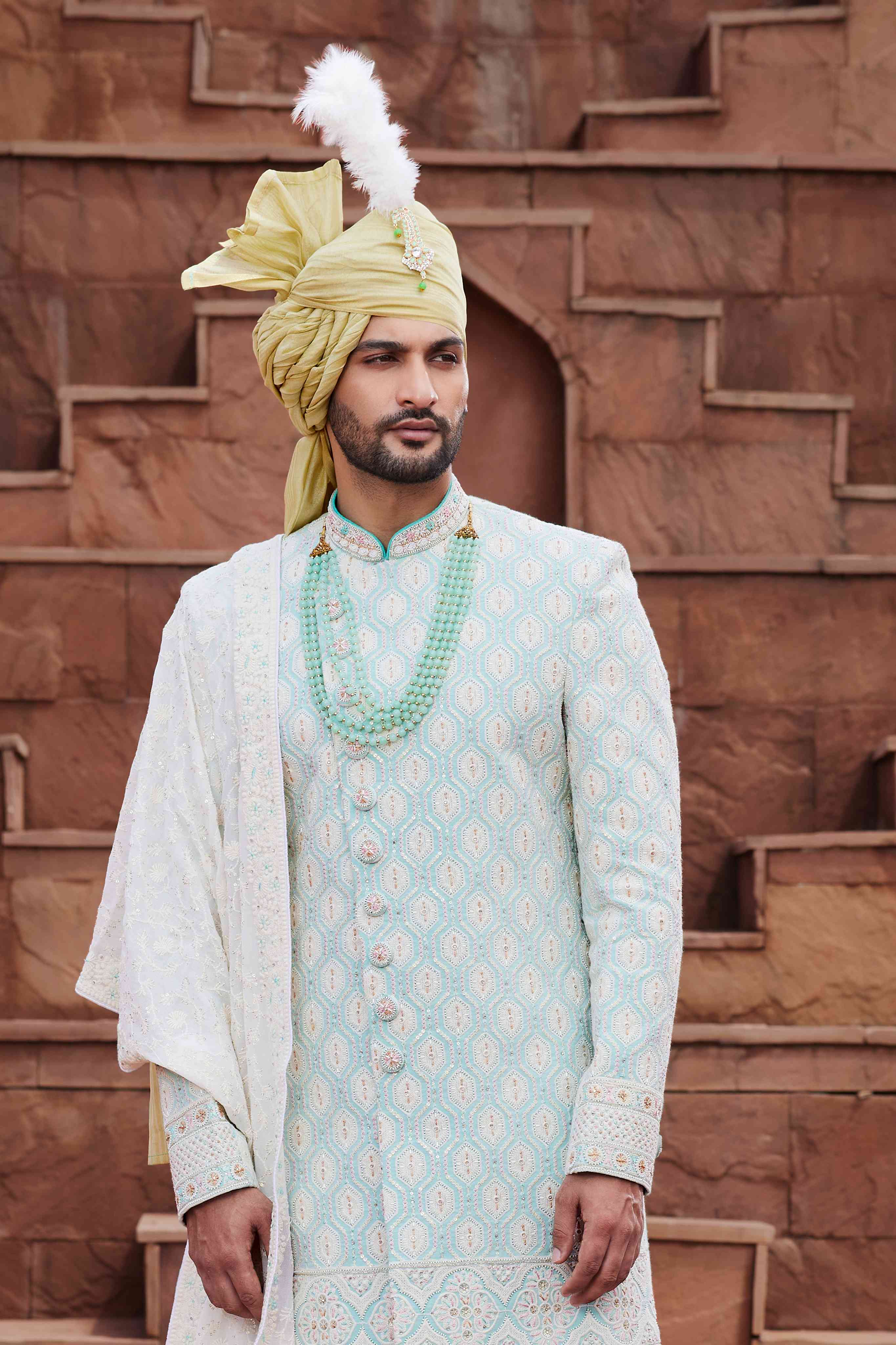 Pista Green Designer Sherwani for Groom with Embroidery