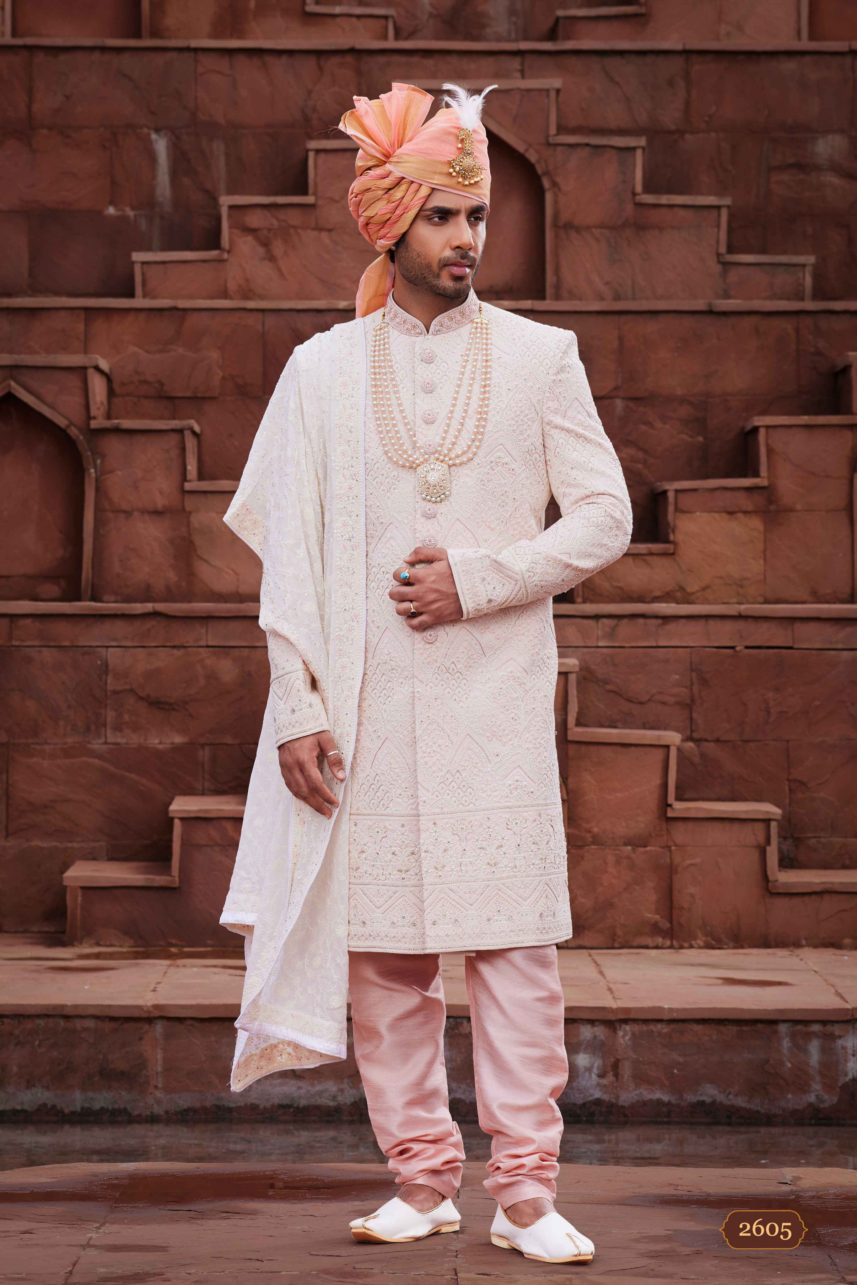 Peach Designer Sherwani for Groom with Embroidery