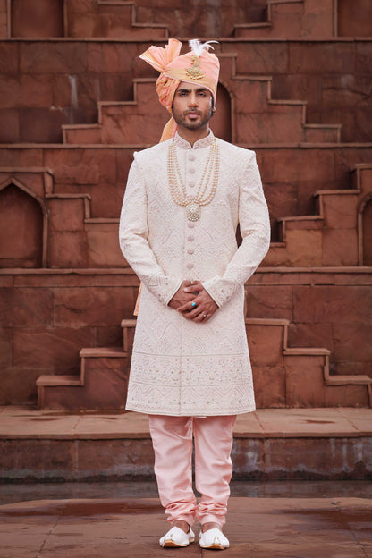 Peach Designer Sherwani for Groom with Embroidery
