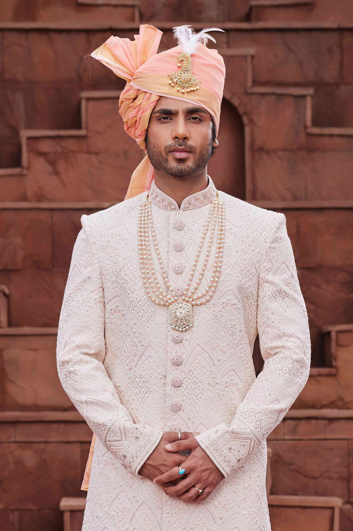 Peach Designer Sherwani for Groom with Embroidery