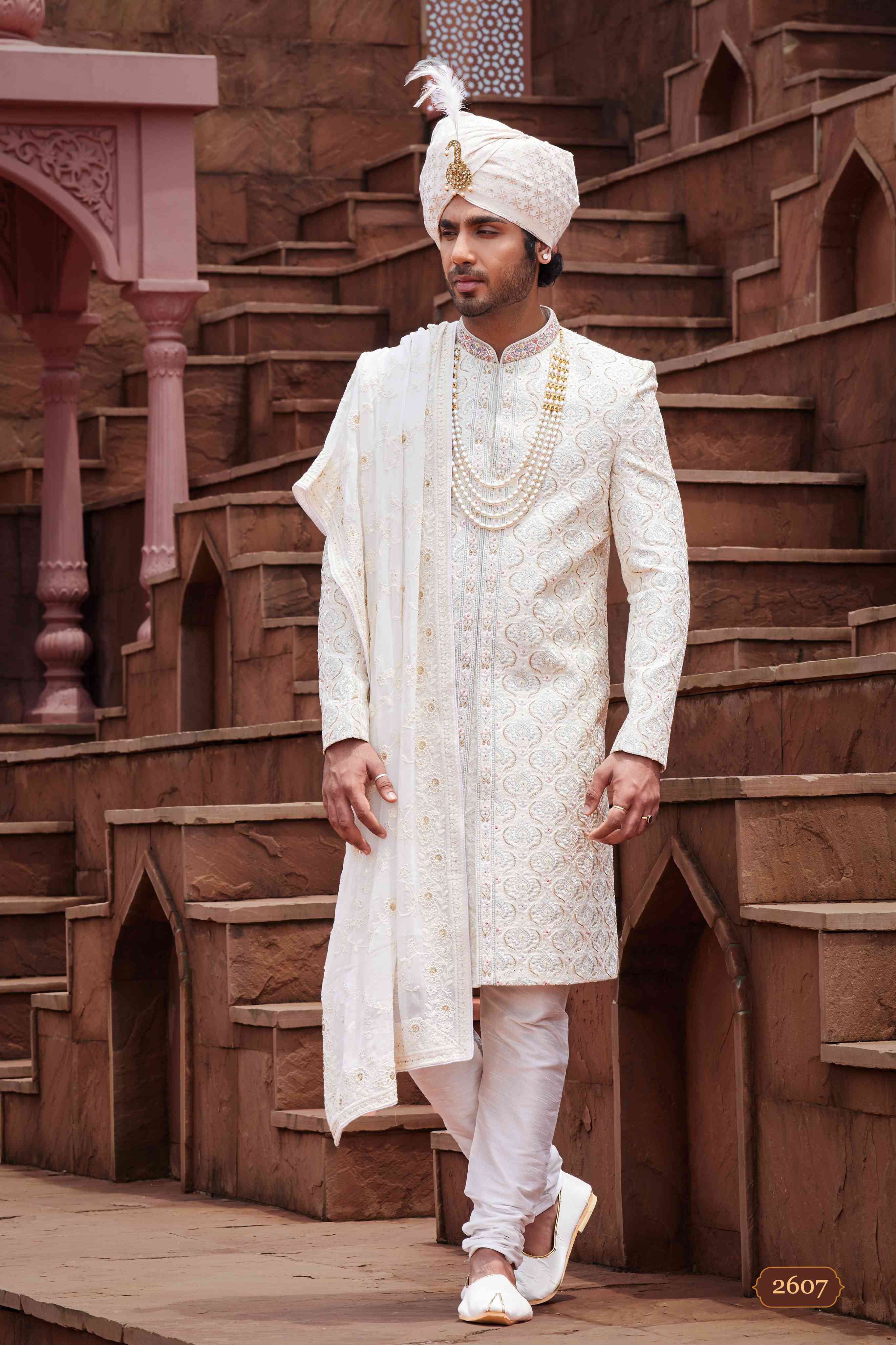 Cream Royal Sherwani for Groom with Embroidery