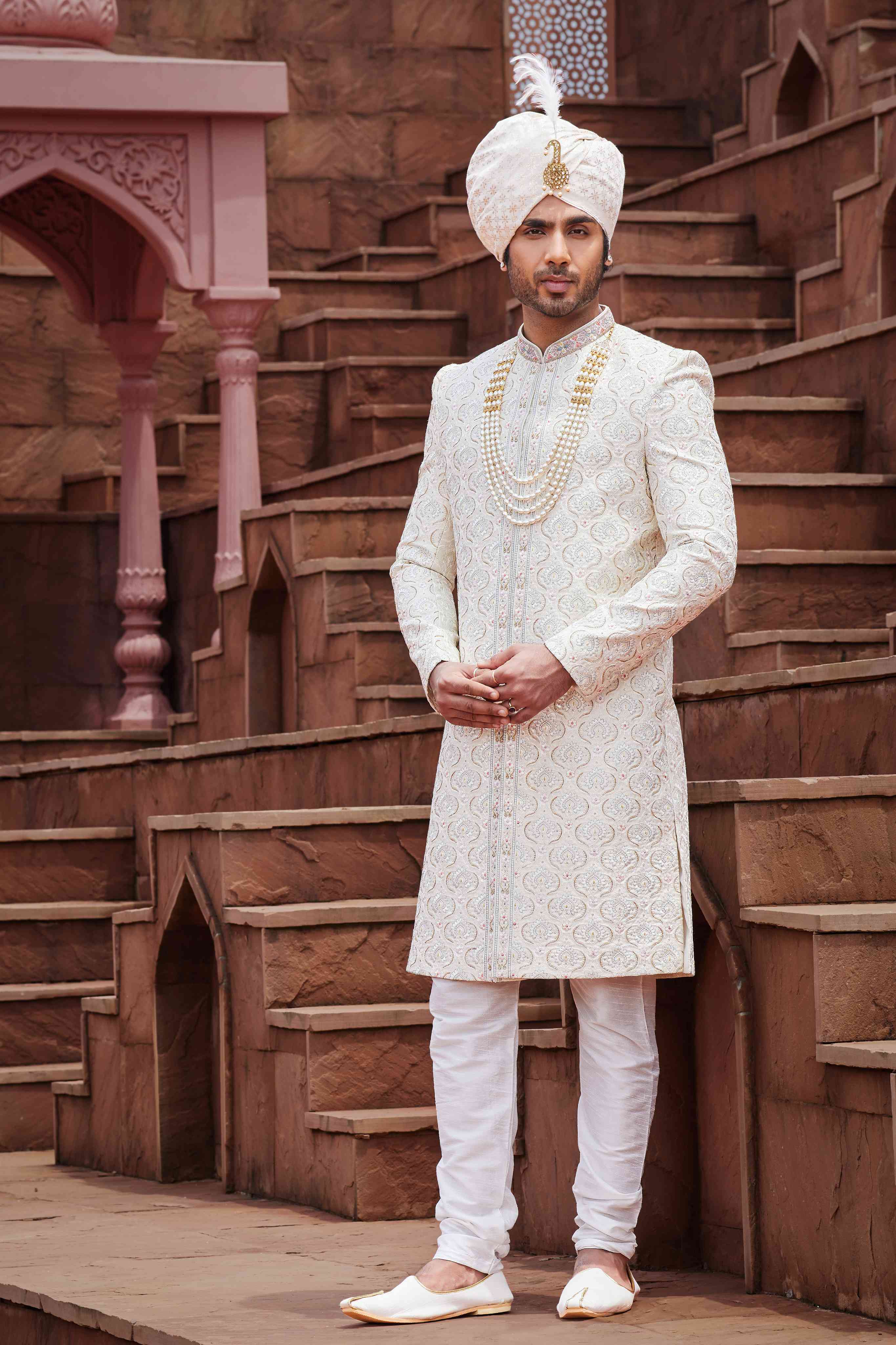 Cream Royal Sherwani for Groom with Embroidery
