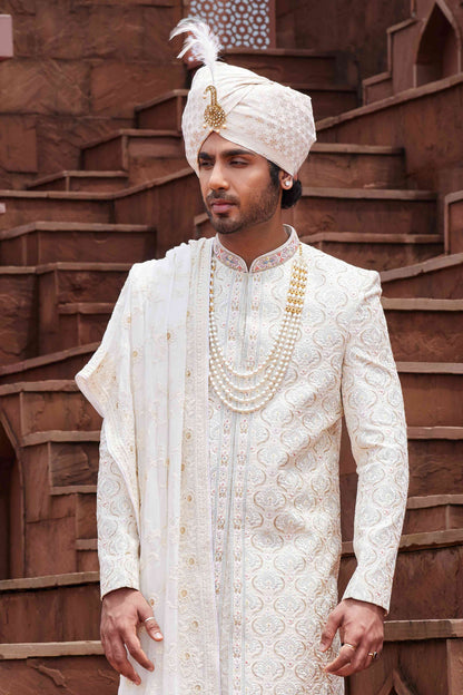 Cream Royal Sherwani for Groom with Embroidery