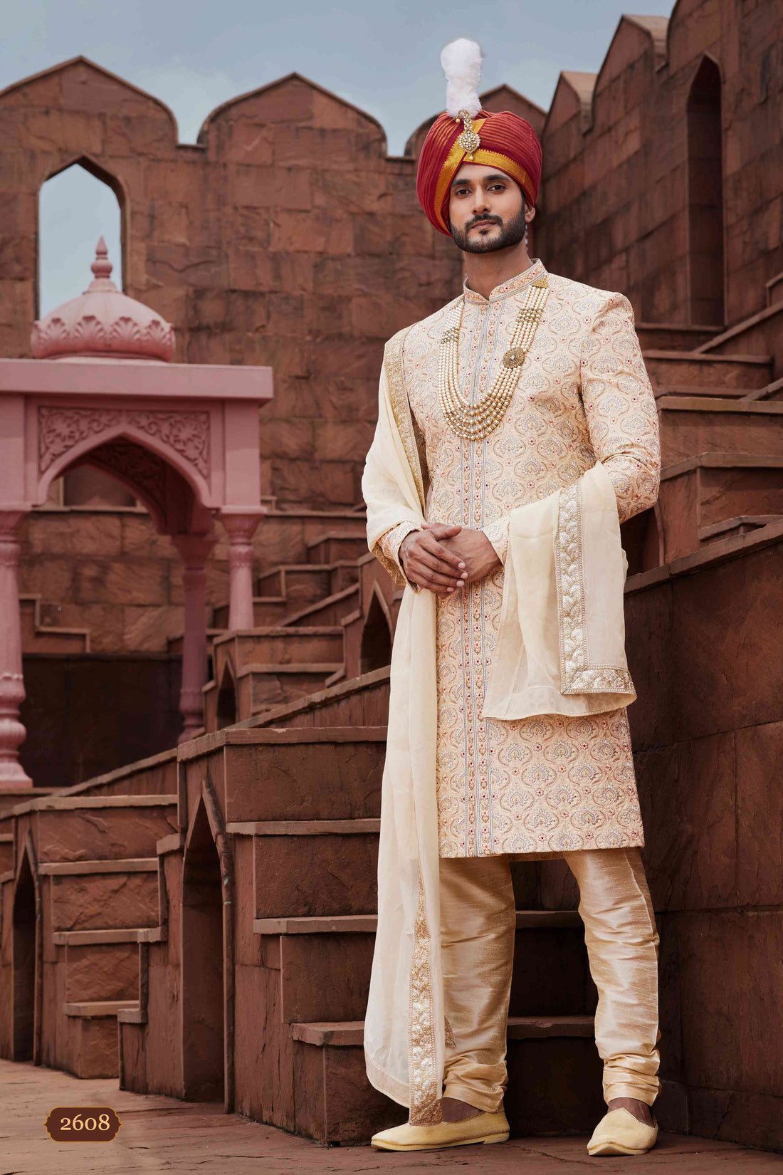 Gold Designer Wedding Sherwani for Groom with Embroidery