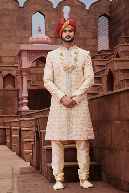 Gold Designer Wedding Sherwani for Groom with Embroidery