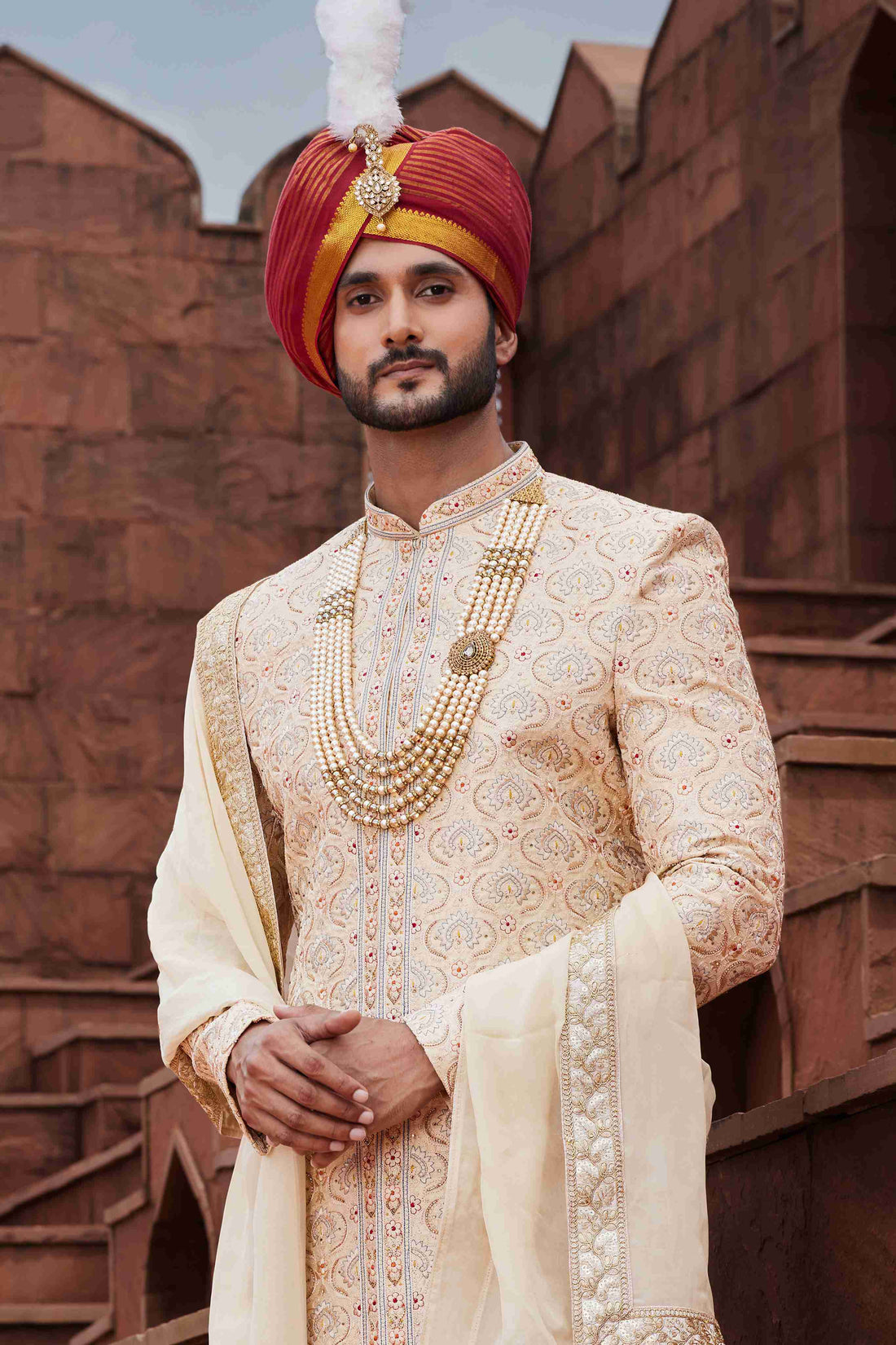 Gold Designer Wedding Sherwani for Groom with Embroidery