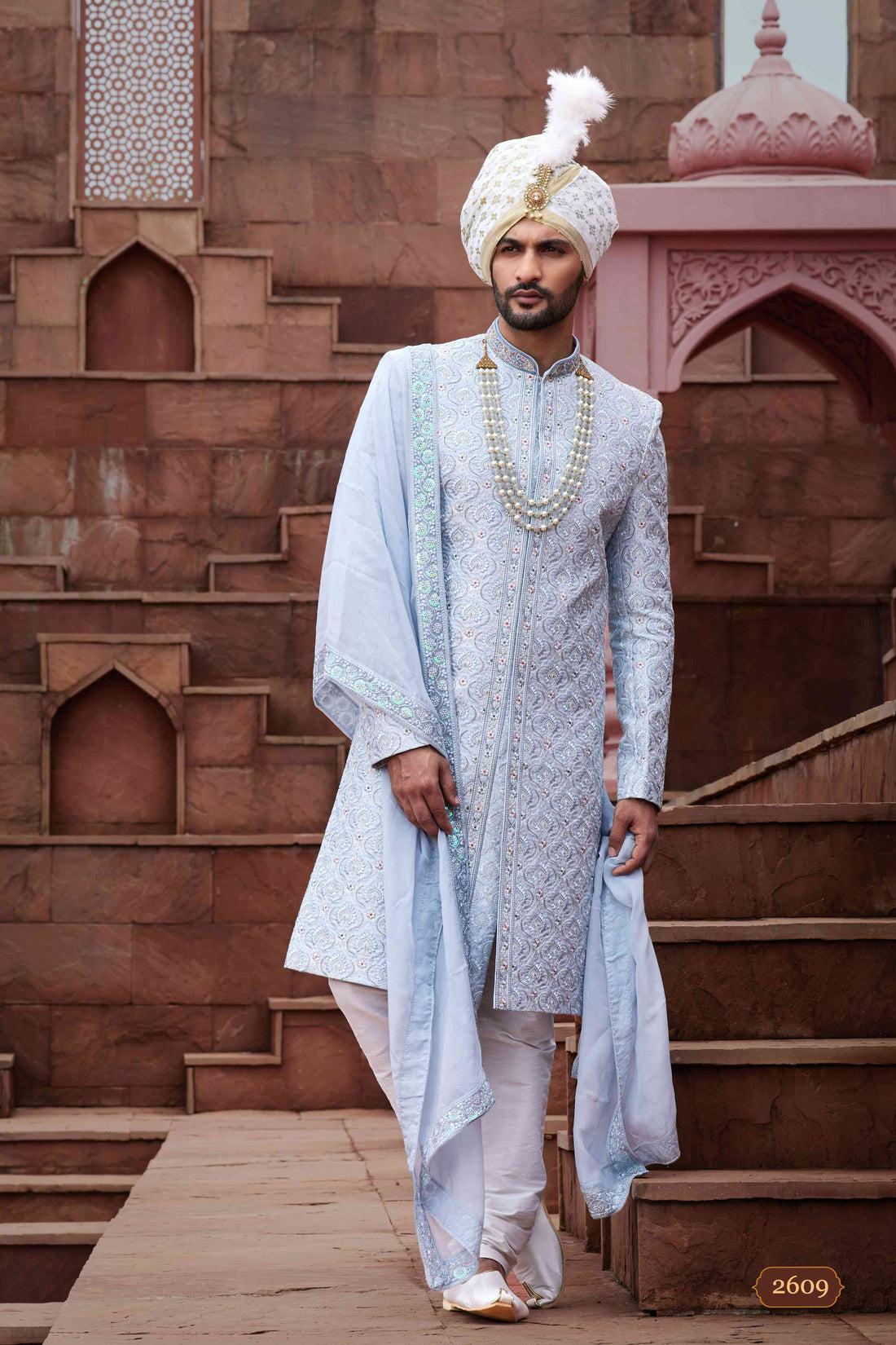 Sky Blue Designer Wedding Sherwani for Groom with Embroidery
